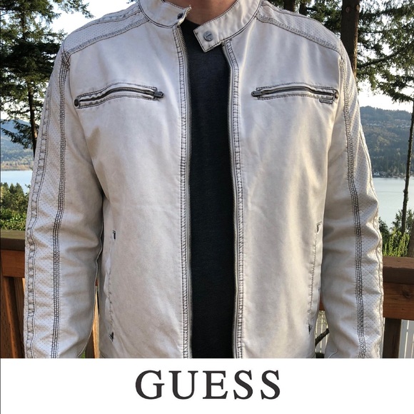 guess white leather jacket mens